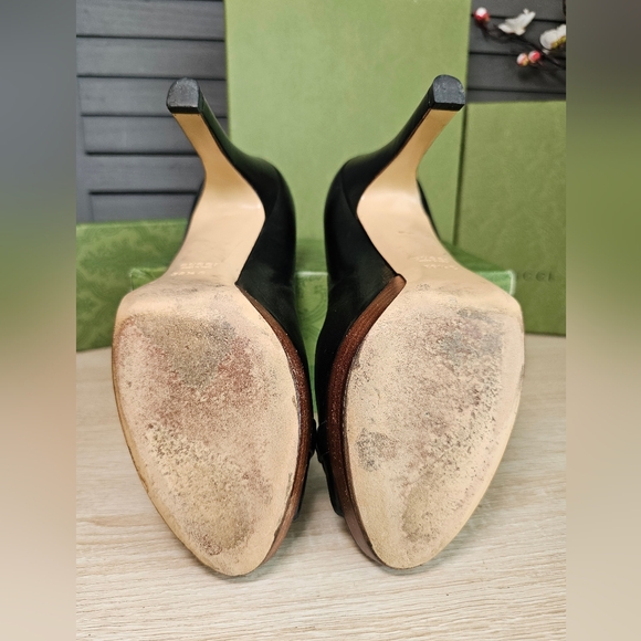 Authentic GUCCI Black Leather Horsebit Open Toe Platform Heels Sz: 39.5 US9.5 - Picture 7 of 11